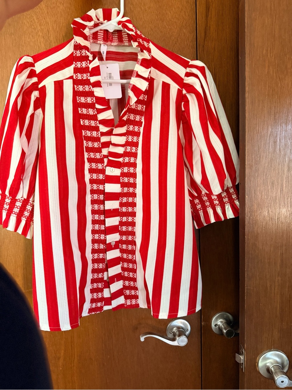Red and White Striped Ruffle-Trim Women's Blouse